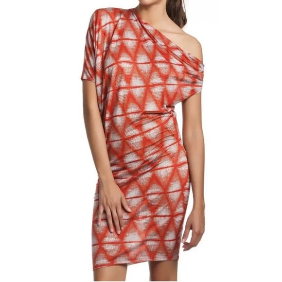 BCBG Kesi Sheer Red & White Geometric Pattern One Shoulder Dress  Size S - Picture 1 of 10